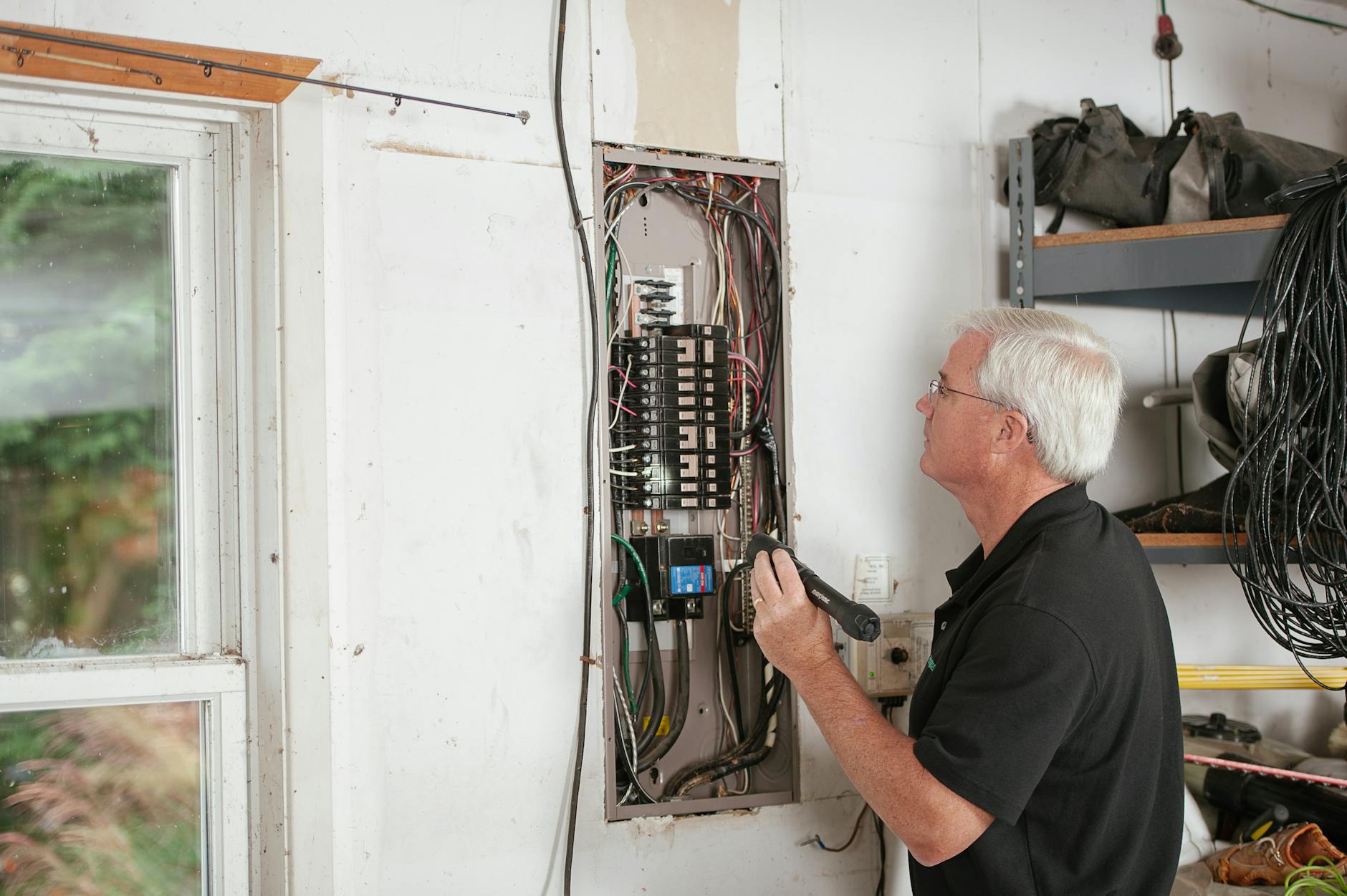 Elektryk sprawdza domową rozdzielnię elektryczną w mieszkaniu